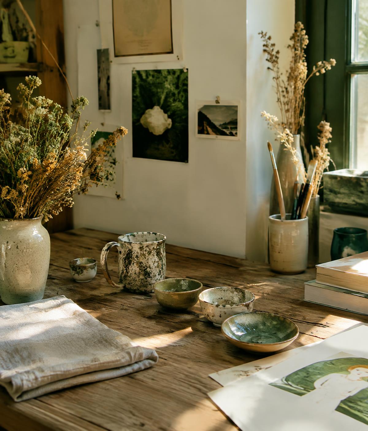 Handmade ceramics and prints on a sunlit studio table